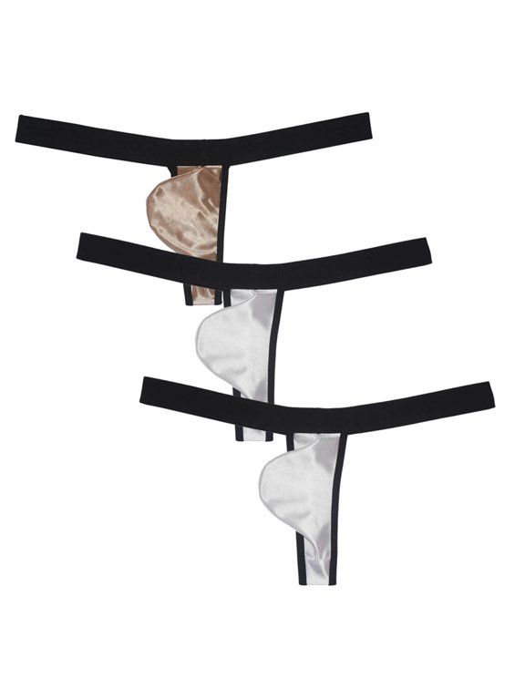 3PACK Botmois Men's Solid Thong Mini Bottoms Bikini Briefs Breathable G-String Underwear Shiny Bathing T-back Tangas 2White/Gold M