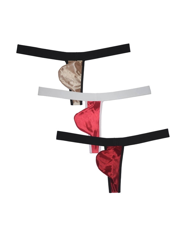 3PACK Botmois Men's Solid Thong Mini Bottoms Bikini Briefs Breathable G-String Underwear Shiny Bathing T-back Tangas Gold/Pink/Red M