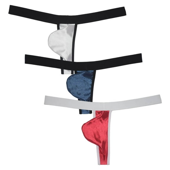 3PACK Botmois Men's Solid Thong Mini Bottoms Bikini Briefs Breathable G-String Underwear Shiny Bathing T-back Tangas White/Blue/Pink M
