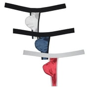 3PACK Botmois Mens Solid Thong Mini Bottoms Bikini Briefs Breathable G-String Underwear Shiny Bathing T-back Tangas White/Blue/Pink M