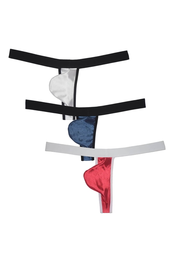 3PACK Botmois Men's Solid Thong Mini Bottoms Bikini Briefs Breathable G-String Underwear Shiny Bathing T-back Tangas White/Blue/Pink XL