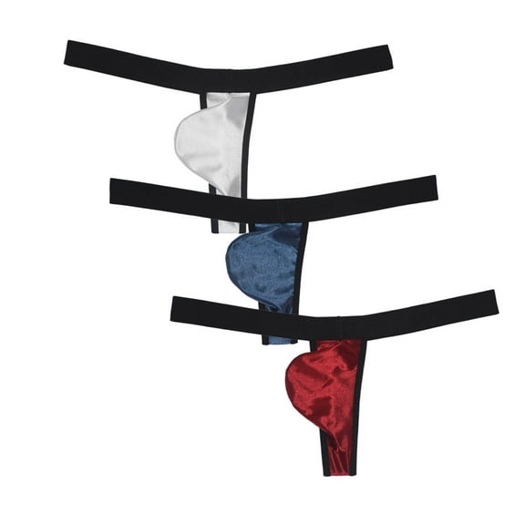 3PACK Botmois Men's Solid Thong Mini Bottoms Bikini Briefs Breathable G-String Underwear Shiny Bathing T-back Tangas White/Blue/Red XL