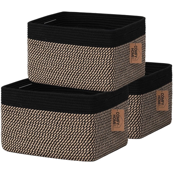 3PACK Cotton Rope Square Basket with Handles for Shelves|Dog Toy Bin and Storage|Baby Gift|Shoe Organizer|New 13.5" x 11" x 9.5" for Living Room (Black/Jute)