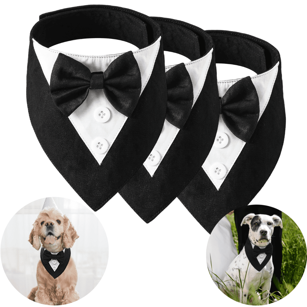 3PACK Dog Tuxedo Formal Dog Wedding Bandana Dog Collar with Bow Tie Dog Birthday Costume Adjustable Pet Party Tux Dog Wedding Attire Dog Valentines Outfit Cosplay for Small Medium Large Pets Black Wal...