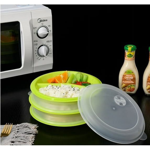 3PACK Microwave Food Storage Tray Containers - 3 Section/Compartment Divided Plates W/Vented Lid