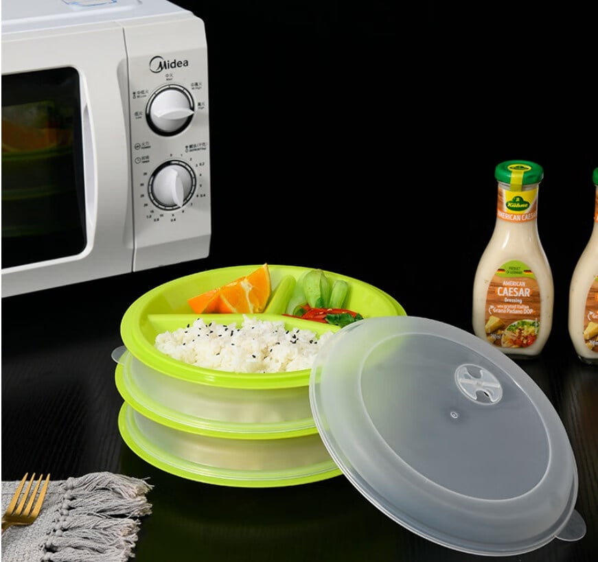 3PACK Microwave Food Storage Tray Containers 3 Section Compartment Divided Plates W Vented Lid