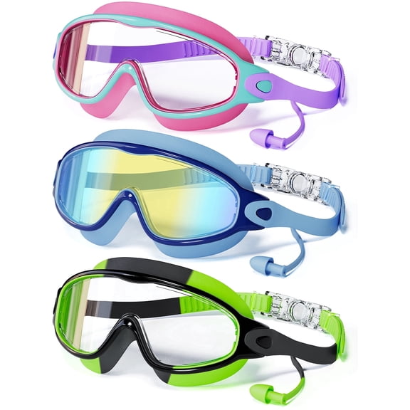 3PACK Swimming Goggles, Kid Goggles with Earplugs Large Frame Anti-Fog/UV Wide View Swim Goggles Boys Girls 4-12
