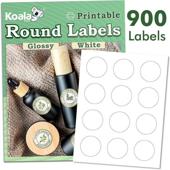 3PACKS Bulk Koala Round Labels 2 Inch Glossy White - 900 Printable Circle Labels for Inkjet and Laser Printer, Blank Round Sticker, DIY Manson Jar , Canning, Soap Labels