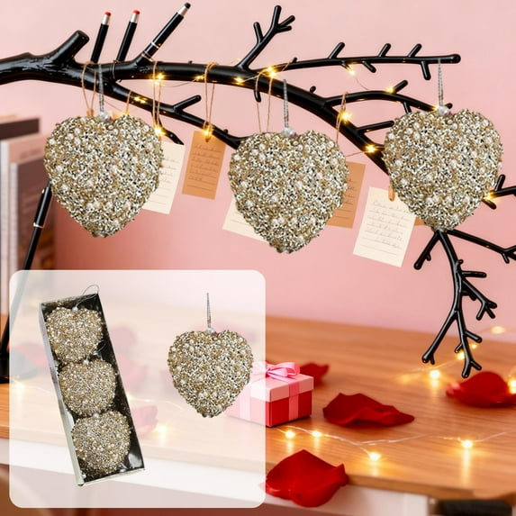 3PC 3.15in Champagne Christmas Ball Heart Ornaments Glitter Sequin Heart Shaped Baubles Decoration Valentines Pearl Foam Hanging Decor