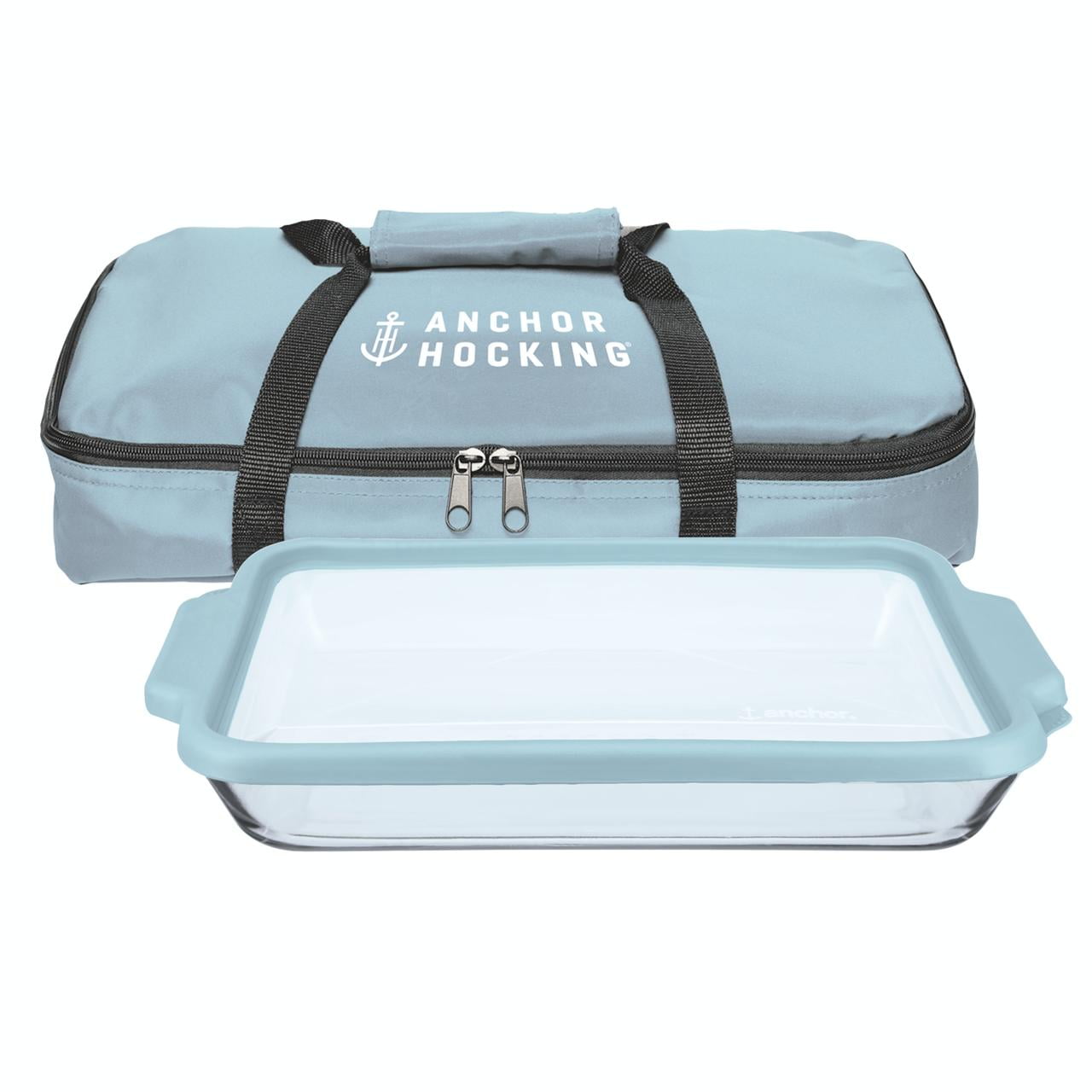 3-Piece Glass Baking Dish Set with Mineral Blue Lid and Tote