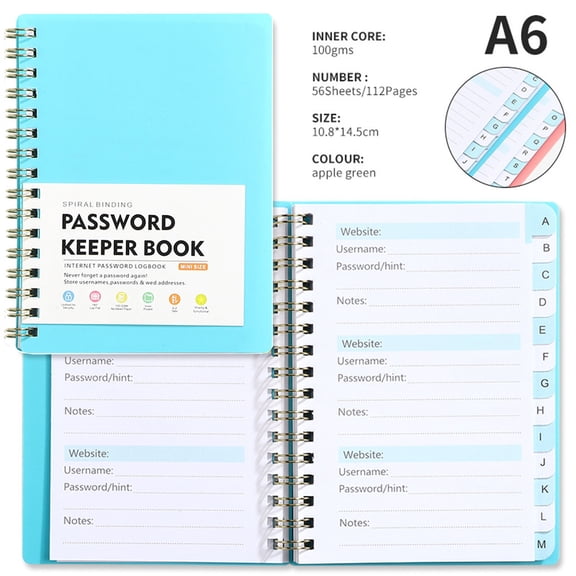3PC A6 Password Notebook with Customized Alphabet Label Index, Professional Business Meeting Coil Journal with Security Lock, Portable Spiral Planner for Privacy Stationery Supplies