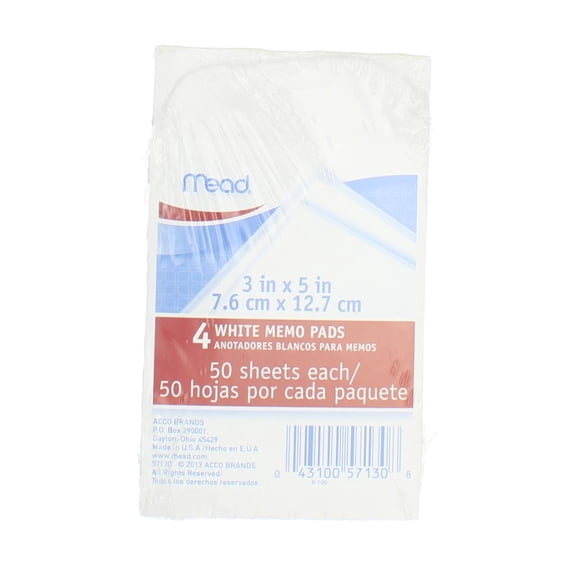 Mead Memo Pads, 3in X 5in, 50 Sheets, White, 4 Ct (4 Pack)