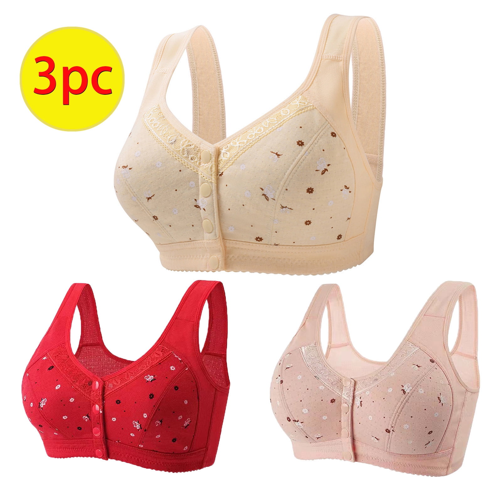 3PC Aoujea 2024 Bras for Older Women Front Button Bra Convenient Snap Sleep Bra Comfortable Easy