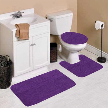 3PC BATHROOM CONTOUR MAT TOILET LID COVER SET SOLID BATHMATS MANY COLOR & STYLES