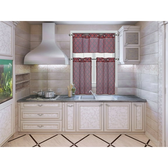 3PC BEAUTIFUL KITCHEN S38 PANEL VALANCE CURTAIN SEMI SHEER TRELLIS GEOMETRIC GROMMET RED /BLACK SEE THRU WINDOW , BATHROOM, INCLUDES : 2 SHEER PANELS (30"X36")+ 1 SHEER VALANCE (55"X18")