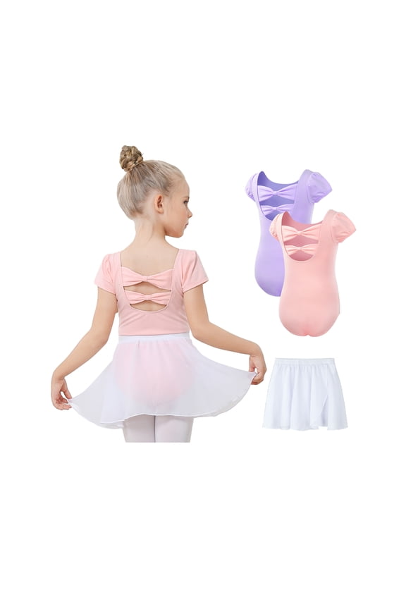 3PC Ballet Leotards for Girls, Ballet Dress for Girls with Glitter Wrap Skirt