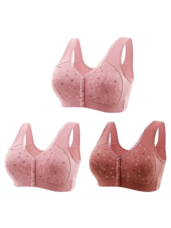 3PC Bra for Seniors Plus Size,Front Closure Bras for Older Women,Comfortable Front Close Button Cotton Bras Coffee 3XL