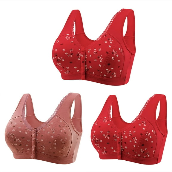 3PC Bra for Seniors Plus Size,Front Closure Bras for Older Women,Comfortable Front Close Button Cotton Bras Coffee 5XL