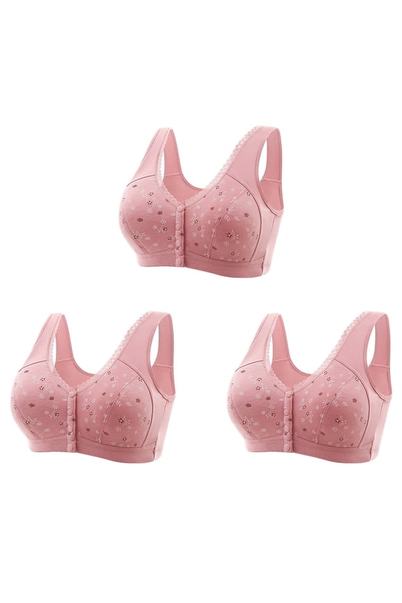 3PC Bra for Seniors Plus Size,Front Closure Bras for Older Women,Comfortable Front Close Button Cotton Bras Pink 2XL