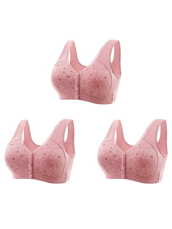 3PC Bra for Seniors Plus Size,Front Closure Bras for Older Women,Comfortable Front Close Button Cotton Bras Pink 7XL