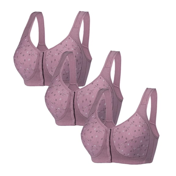 3PC Bras for Older Women Plus Size Front Closure Comfort Soft Bras No Underwire Full Coverage Everyday Bras Purple L