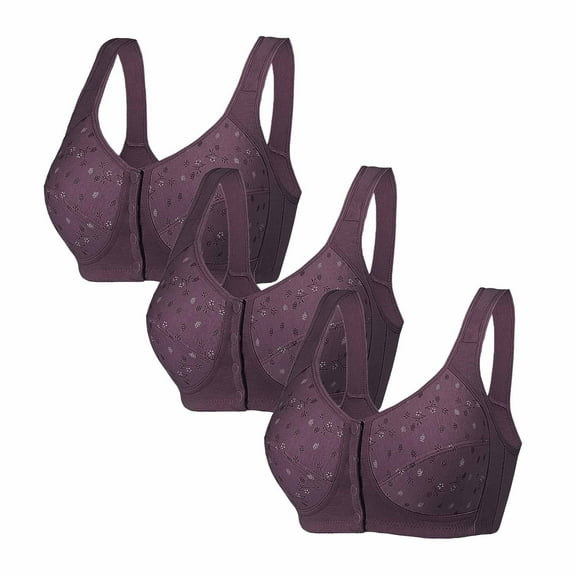 3PC Bras for Older Women Plus Size Front Closure Comfort Soft Bras No Underwire Full Coverage Everyday Bras Wine 2XL