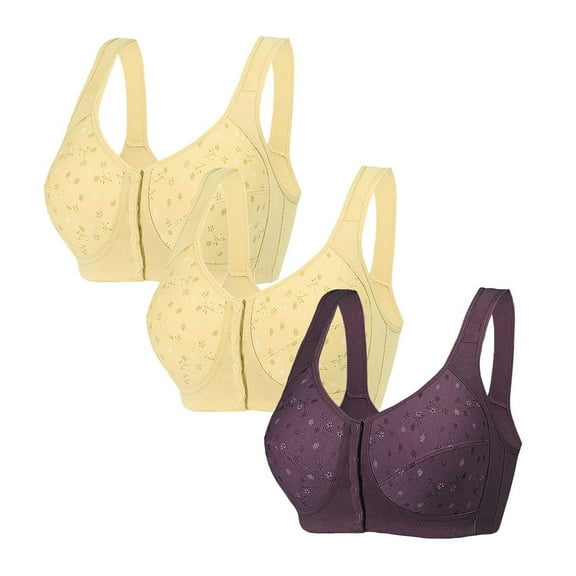 3PC Bras for Older Women Plus Size Front Closure Comfort Soft Bras No Underwire Full Coverage Everyday Bras Wine 3XL