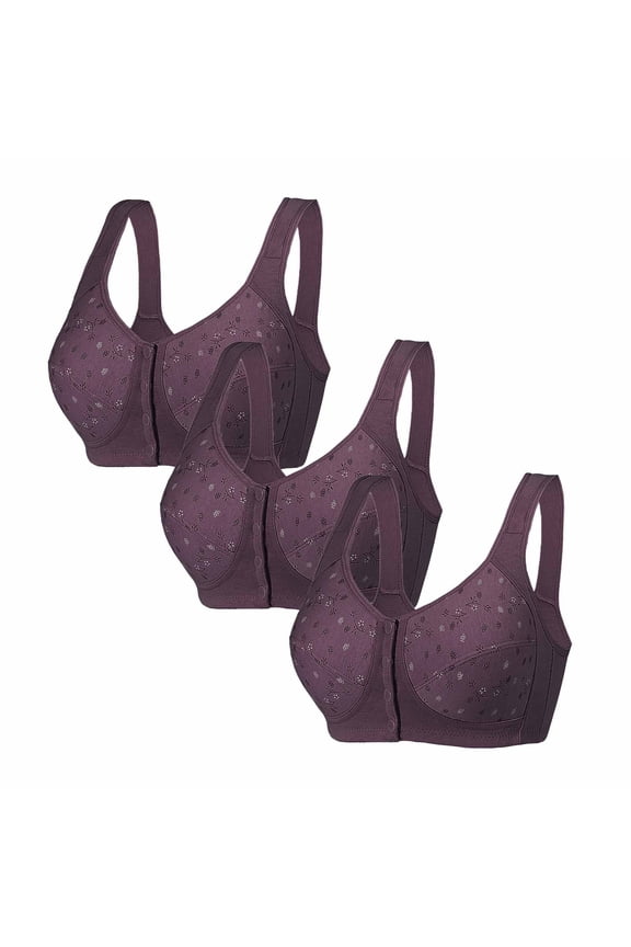 3PC Bras for Older Women Plus Size Front Closure Comfort Soft Bras No Underwire Full Coverage Everyday Bras Wine M