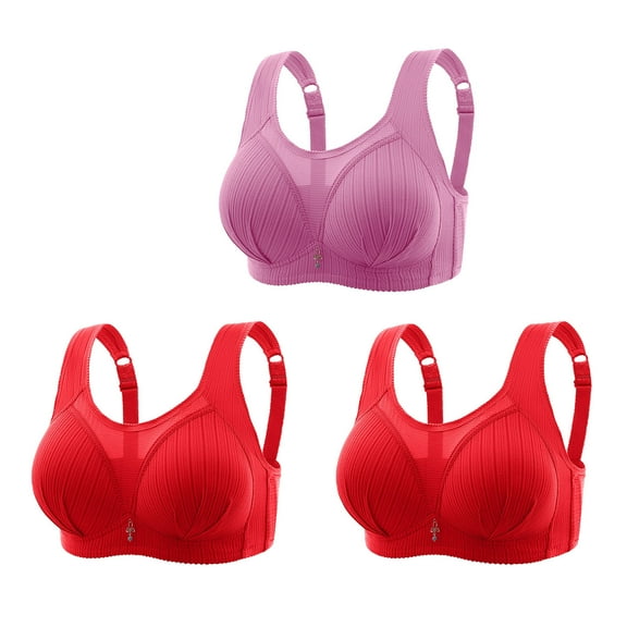 3PC Bras for Women Plus Size Behind Buckle No Underwire Comfort Breathable Senior Wireless Bras Purple L