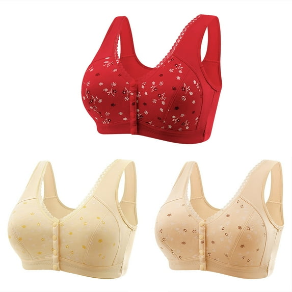3PC Bras for Women Plus Size Front Closure Soft Comfortable No Steel Ring Full Coverage Senior Wireless Snap Closing Bras Red 4XL