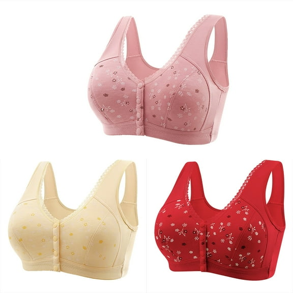 3PC Bras for Women Plus Size Front Closure Soft Comfortable No Steel Ring Full Coverage Senior Wireless Snap Closing Bras Red 7XL