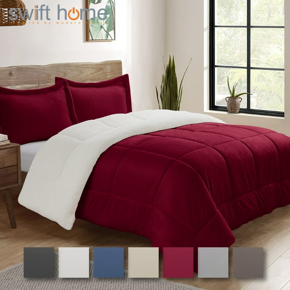 3PC Burgundy Full (76" x 86") Sherpa & Faux Micromink Comforter and Sham Bedding Set Reversible Ultra Plush
