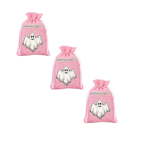 3PC Burlap Drawstring Gift Bags, Small Drawstring Candy Bags Goodie Bags , Trick or Treat Candy Pouches for Halloween Party Favor Decorations,3,Pink,Halloween