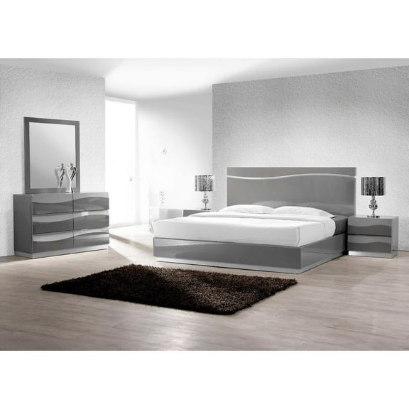 3PC California King Size Modern Bedroom Set, LED Light Platform Bed, Dresser and Mirror, Gray Lacquer Finish