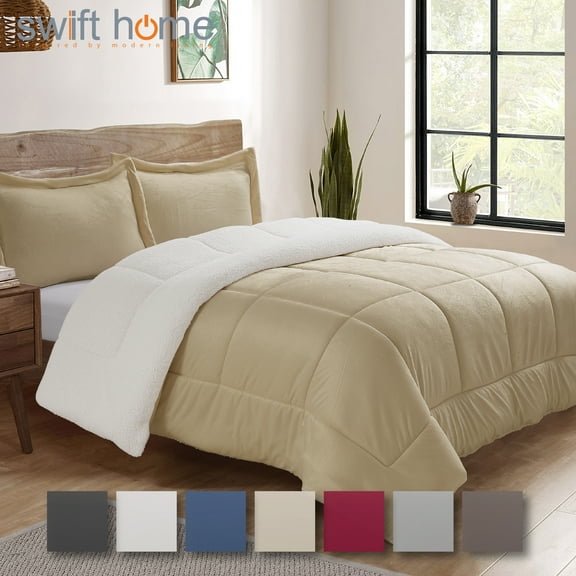 Swift Home 3PC Reversible Winter Plush Sherpa Faux Micromink Comforter Set, Camel, King