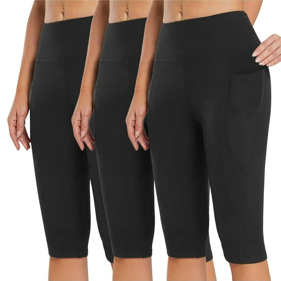 3PC Capri Leggings for Women Yoga Capris Stretch Short leggings with Pocket High Waisted Seamless Workout Running Gym Leggings Activewear Black US 7-8