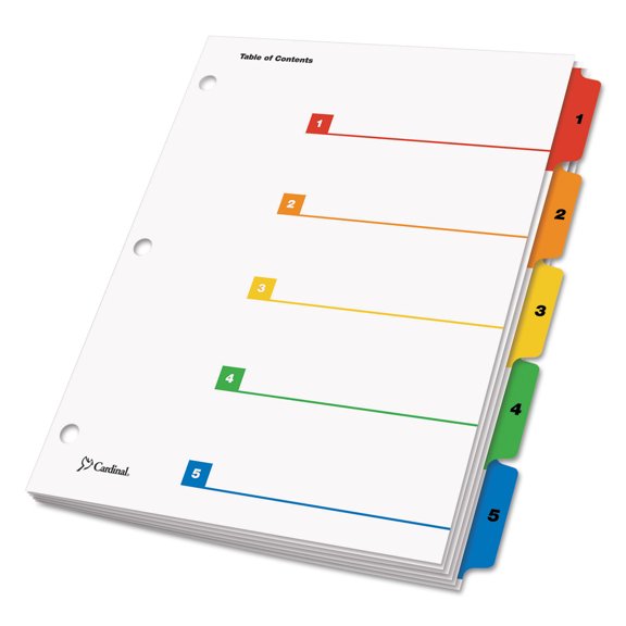 3PC Cardinal OneStep Printable Table of Contents and Dividers, 5-Tab, 1 to 5, 11 x 8.5, White, Assorted Tabs, 1 Set