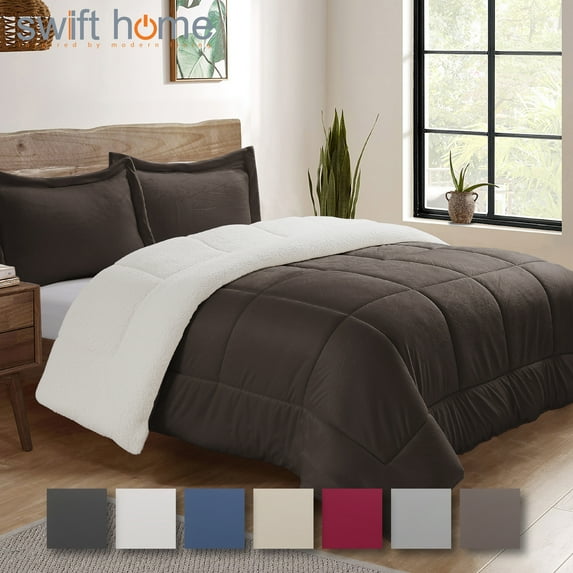 Swift Home 3PC Reversible Warm Plush Sherpa Faux Micromink Comforter Set, Chocolate, King