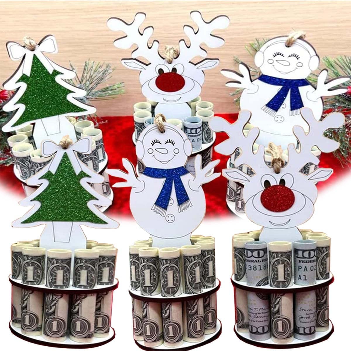 LiLuBuy Unique Christmas Money Support, Handmade Wooden Christmas Tree,  Reindeer, Snowman Money Support, Christmas Table Decorations, Interesting  Gift Ideas For Family And Friends 