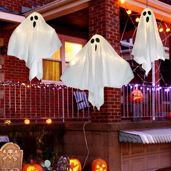 3PC Classic White Halloween Spooky Hanging Ghost Prop, Outdoor Porch Tree Haunted House Trick Or Treat Spooky Scene Setup, Tear Proof Weatherproof Craftsmanship Display For Holiday Party Guests