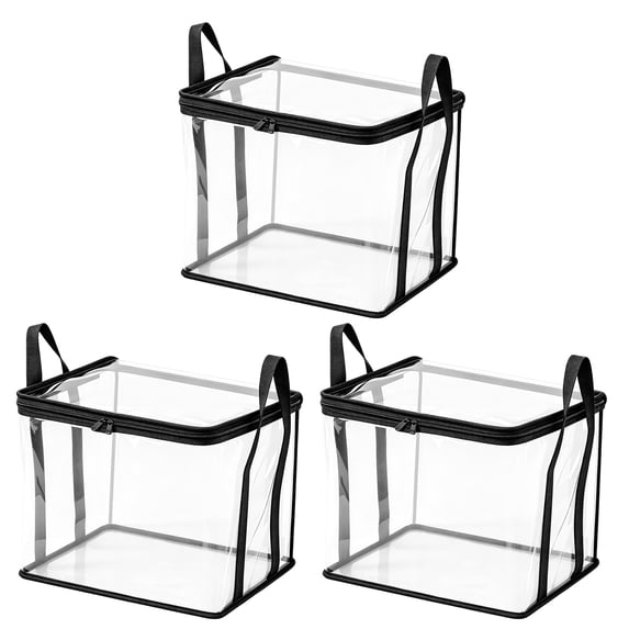 3PC Clear PVC Clothing Storage Box with Double Zipper & Reinforced Carry Handles, Foldable Stackable See Through Closet Organizer Bin for Blankets Towels Sweaters Toys,15IN
