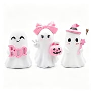 3PC Cute Pink Ghost Figurine Set - Resin Craftwork For Fall Holiday Desktop DecorPink