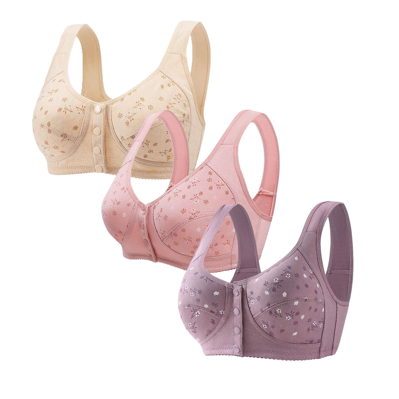 3PC Daisy Bras for Women No Underwire Front Closure Comfort Senior Wireless Snap Closing Bra