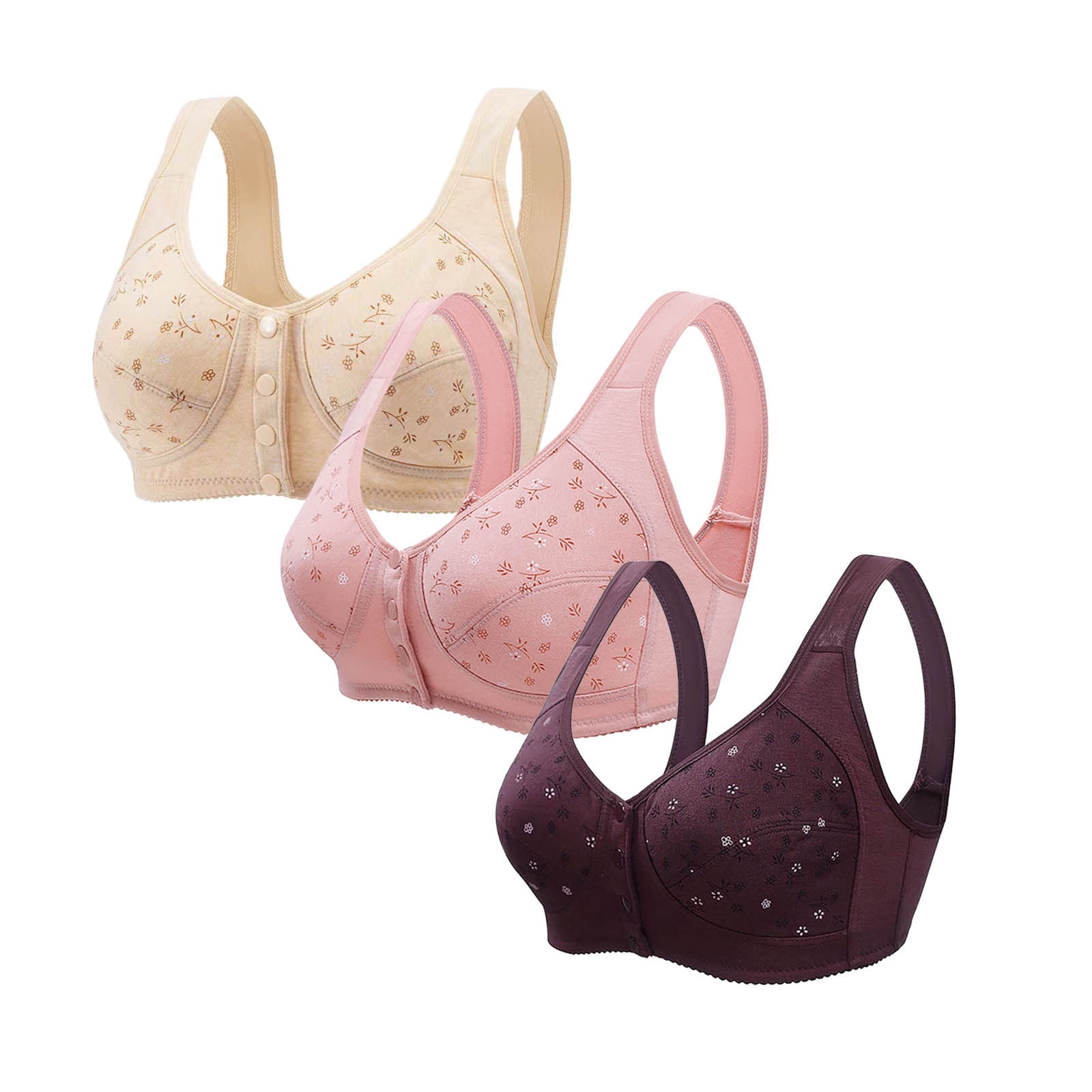 3PC Daisy Bras for Women No Underwire Front Closure Comfort Senior Wireless Snap Closing Bra