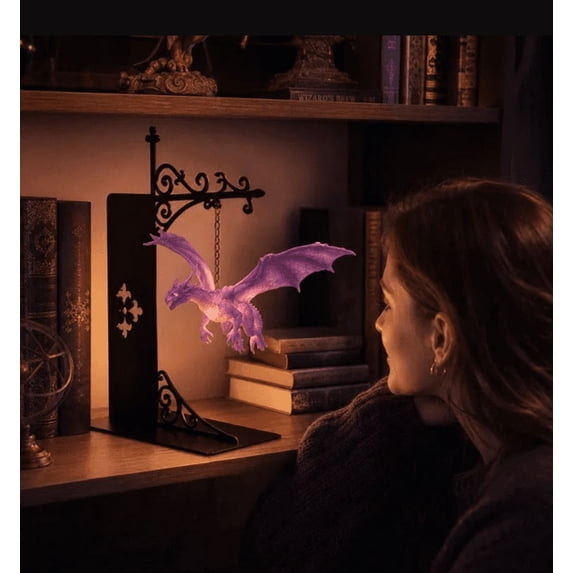 3PC Hand Carved Iridescent Purple Dragon Hanging Bookend Light, Wrought Iron Weighted Book Holder Ambient Night Lamp, Fantasy Decor for Book Collectors & Dragon Fans
