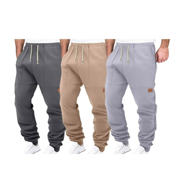 3PC Elastic Waist Cargo Pants For Men Drawstring Athletic jogger Pants Fitted Pocket Solid Color Sweatpants Active