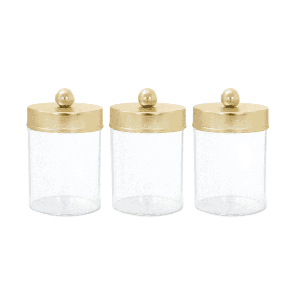3PC Farmhouse Decor Qtip Holder Apothecary Jars Bathroom Vanity Storage Organizer -Countertop Canister Container &Cute Stickers for Cotton Swab,Ball,Pad,Floss,Paper Clips (Gold,Plastic)