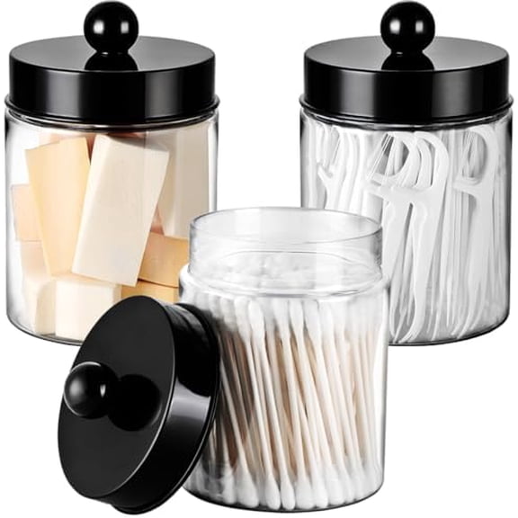 3PC Farmhouse Decor Qtip Holder Apothecary Jars Bathroom Vanity Storage Organizer -Countertop Canister Container &Cute Stickers for Cotton Swab, Ball,Pad,Floss ,Paper Clips (Black，Plastic)