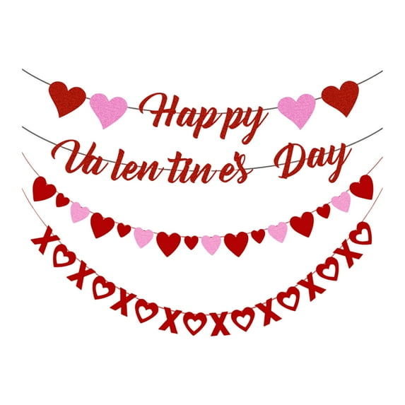 3PC Felt Heart Valentine’s Day Garland Banner Valentines Day Heart Decorations for Anniversary Wedding Engagement Party Home Office Wall Decorations Supplies,C