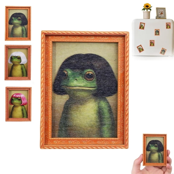 3PC Funny Frog Magnet, Vintage Frog Art Refrigerator Magnet with Bob Haircut, Cute Wooden Oil Paint Toad Decor with a Wood Picture Frame for Refrigerator, Locker, Office